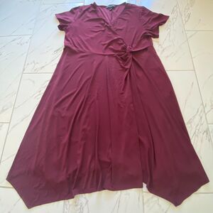 Perceptions Woman Dress 2X Burgundy Faux Wrap Knot Short Sleeve Plus Size